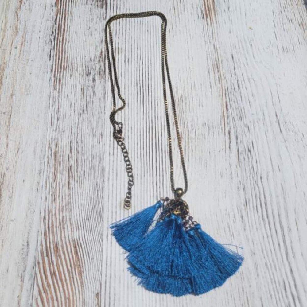 Goldtone and Blue Tassel Long Necklace